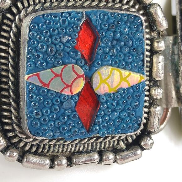 Art Crafted Five Linked Bracelet, Silver Tone, Iridescent Design, 1960s Vintage - Picture 6 of 10